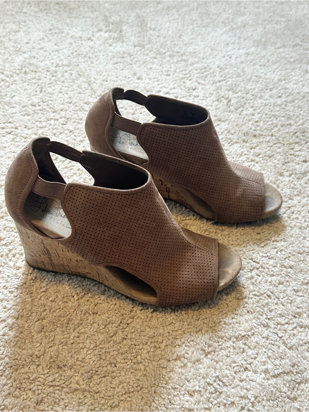 Life Stride Taupe Perforated Open-Toe Wedge Sandals